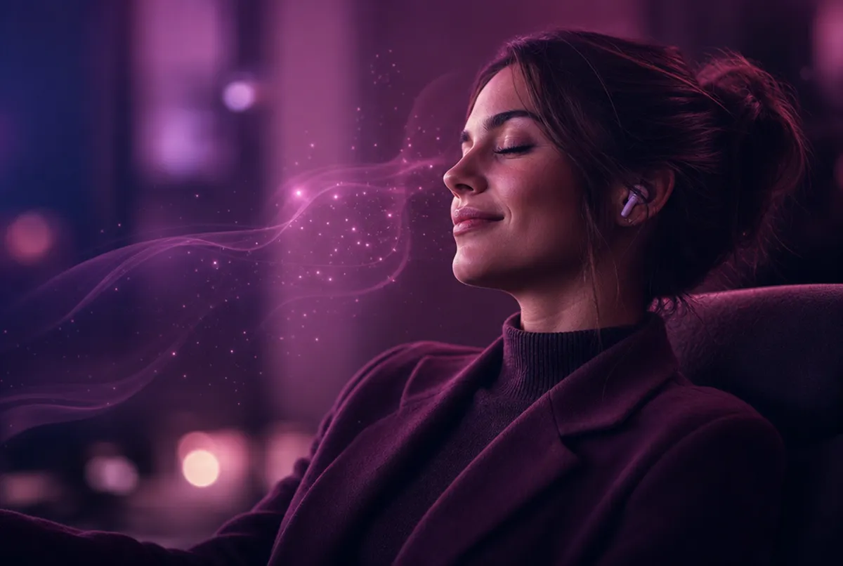 Frau mit Earbuds genie&szlig;t eine KI-Stimme am Telefon