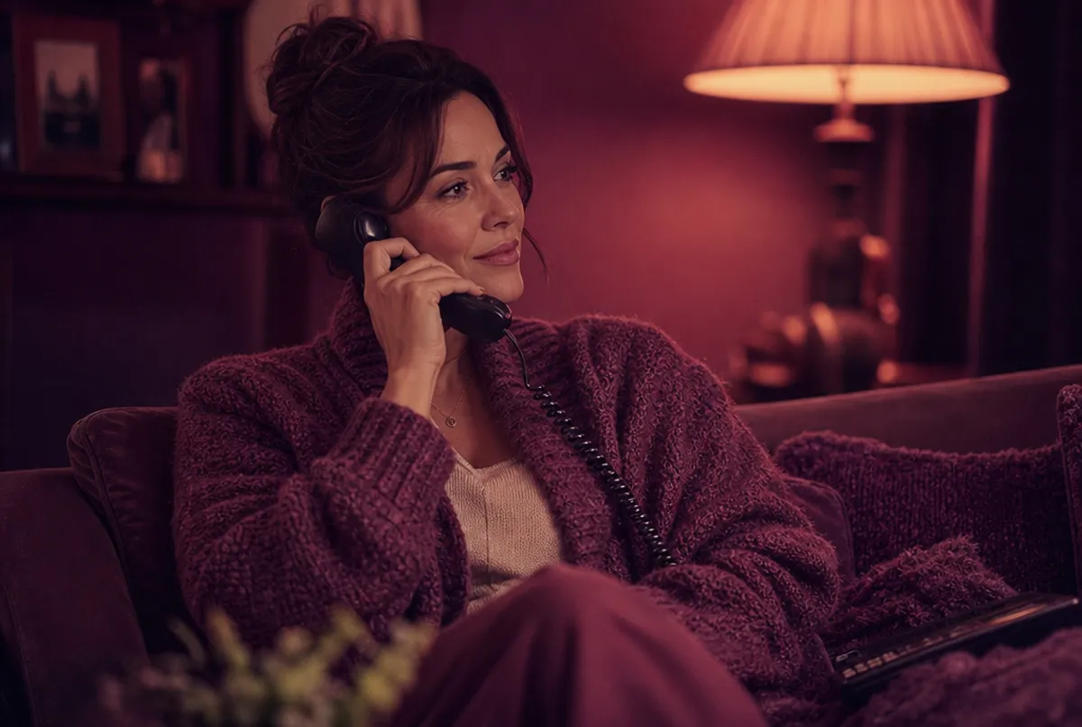 Frau im Strickcardigan entspannt auf dem Sofa beim privaten Telefonat
